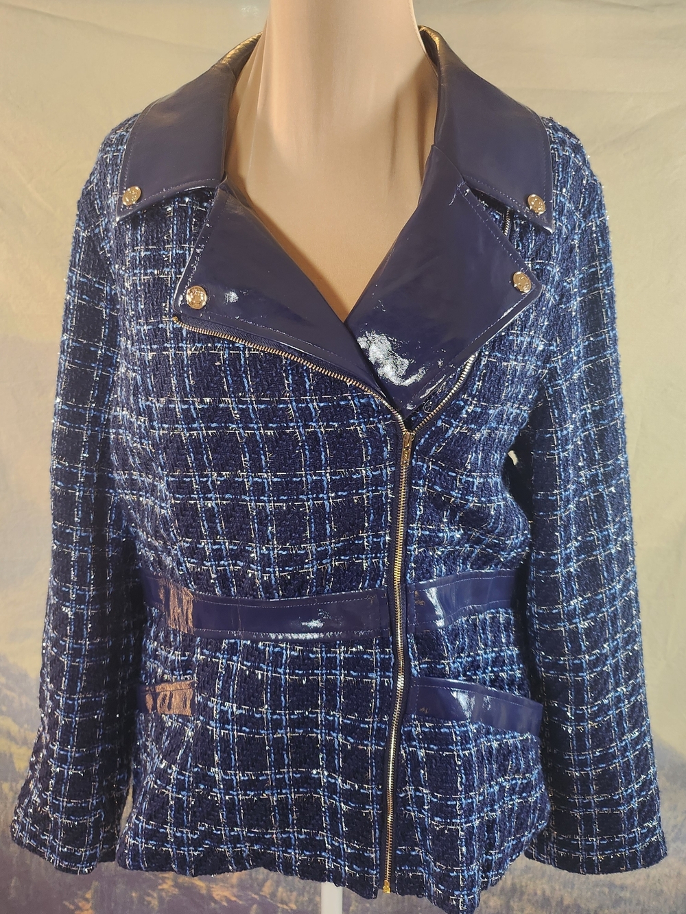 C. Wonder Christian Siriano Navy Blue Tweed Moto-Style Patent Collar Blazer XL